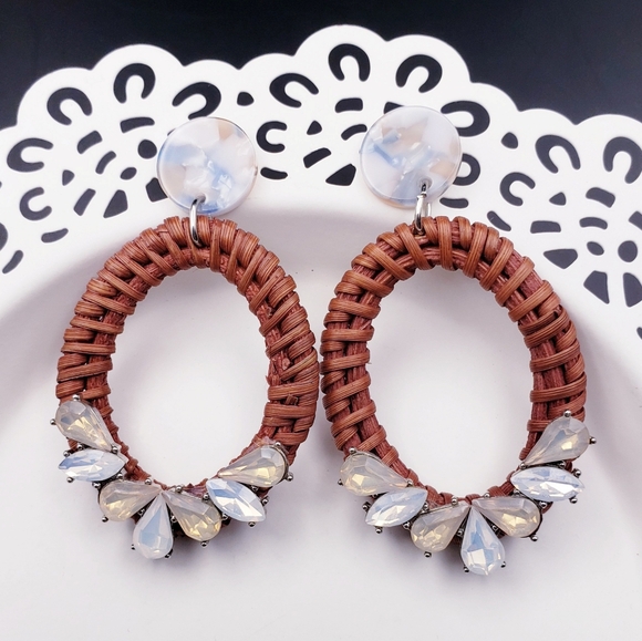 Woven Rattan with Rhinestone Cluster and Abalone Post Dangle 2.5" - Picture 1 of 6